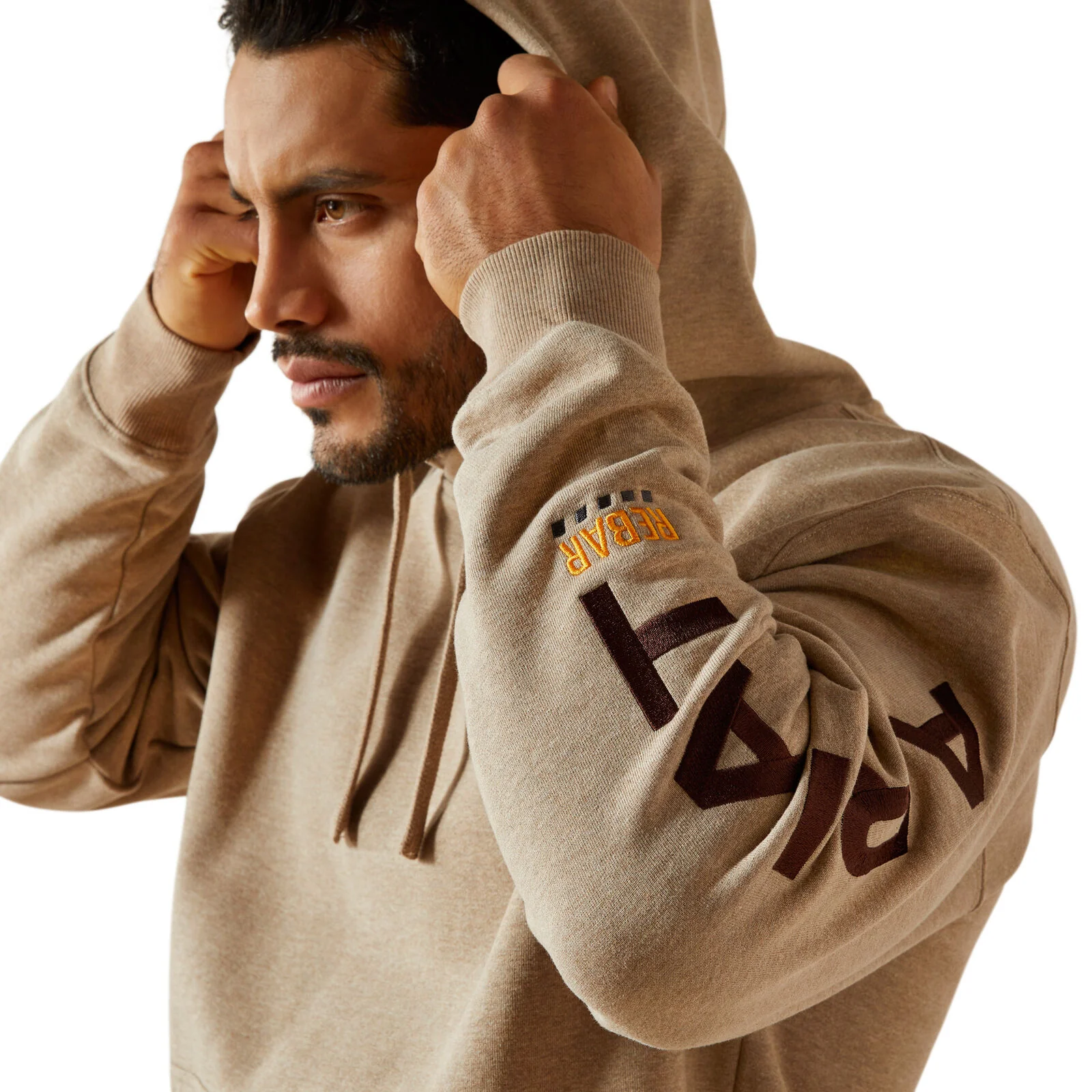 Ariat Mens Rebar Graphic Hoodie (10062529) Oatmeal Heather/Bitter Chocolate - Image 2