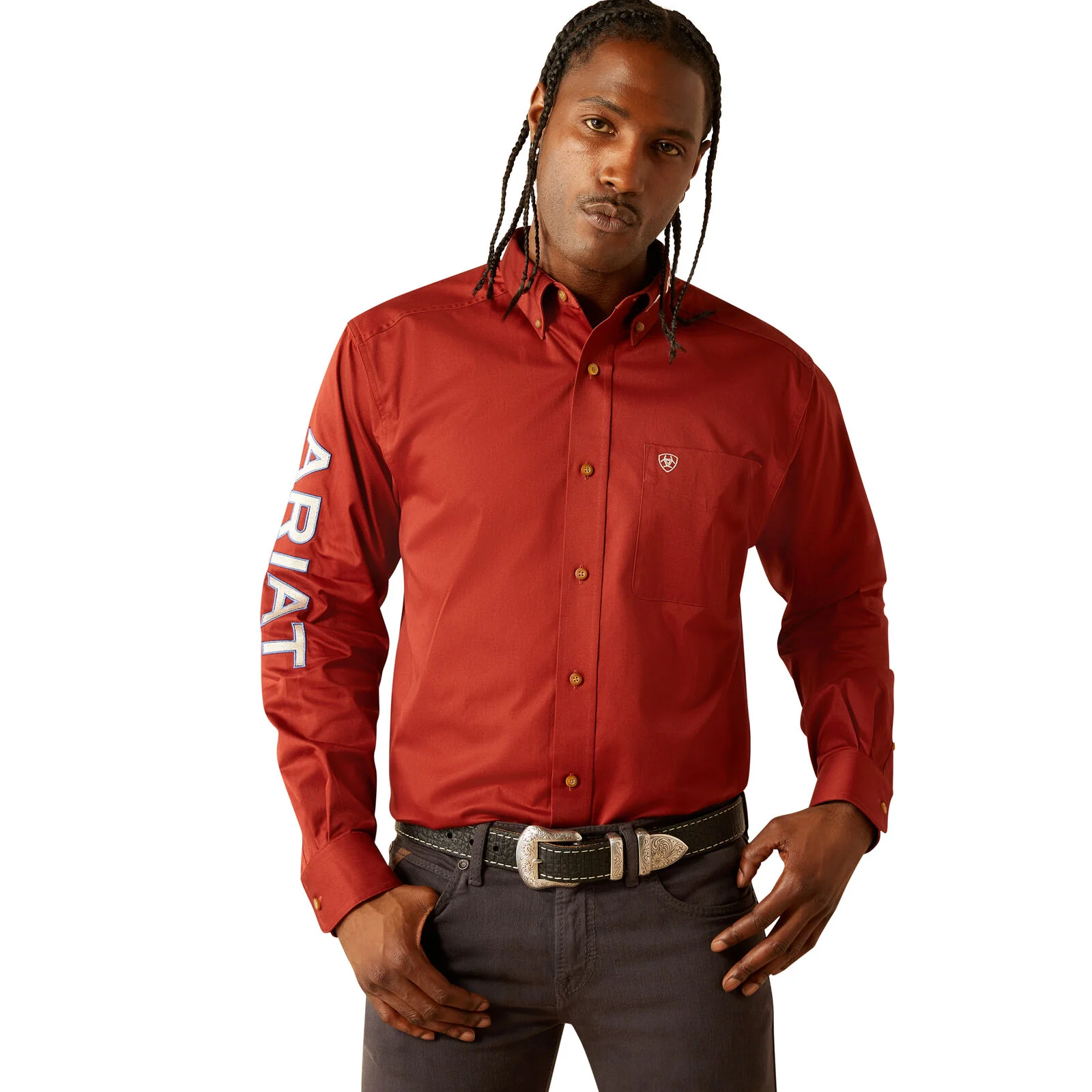 Ariat Mens Team Logo Twill Classic Fit L/S Shirt (10055288) Dark Red/Khaki