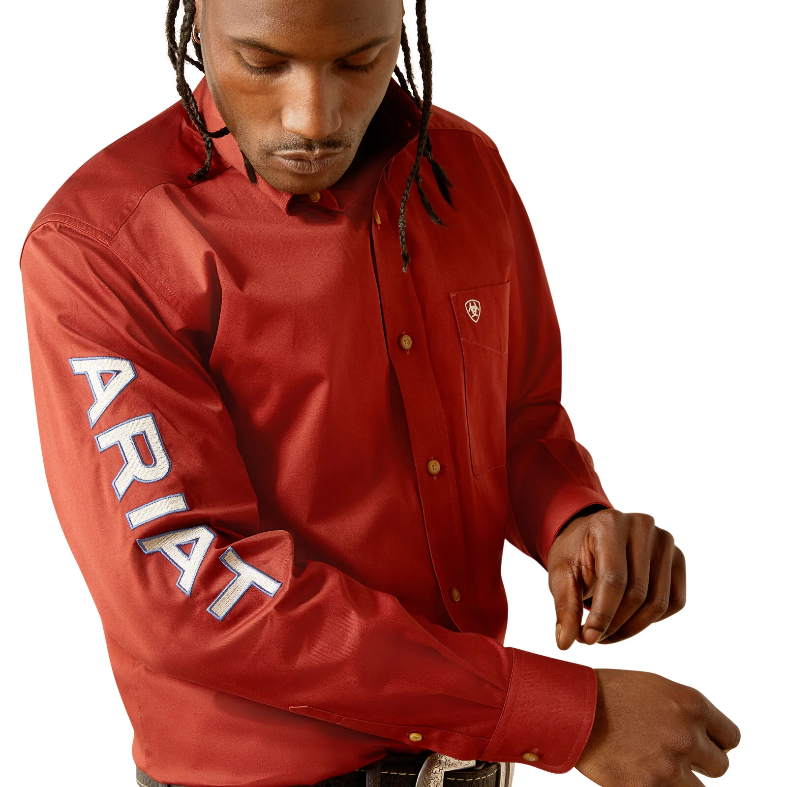 Ariat Mens Team Logo Twill Classic Fit L/S Shirt (10055288) Dark Red/Khaki - Image 5