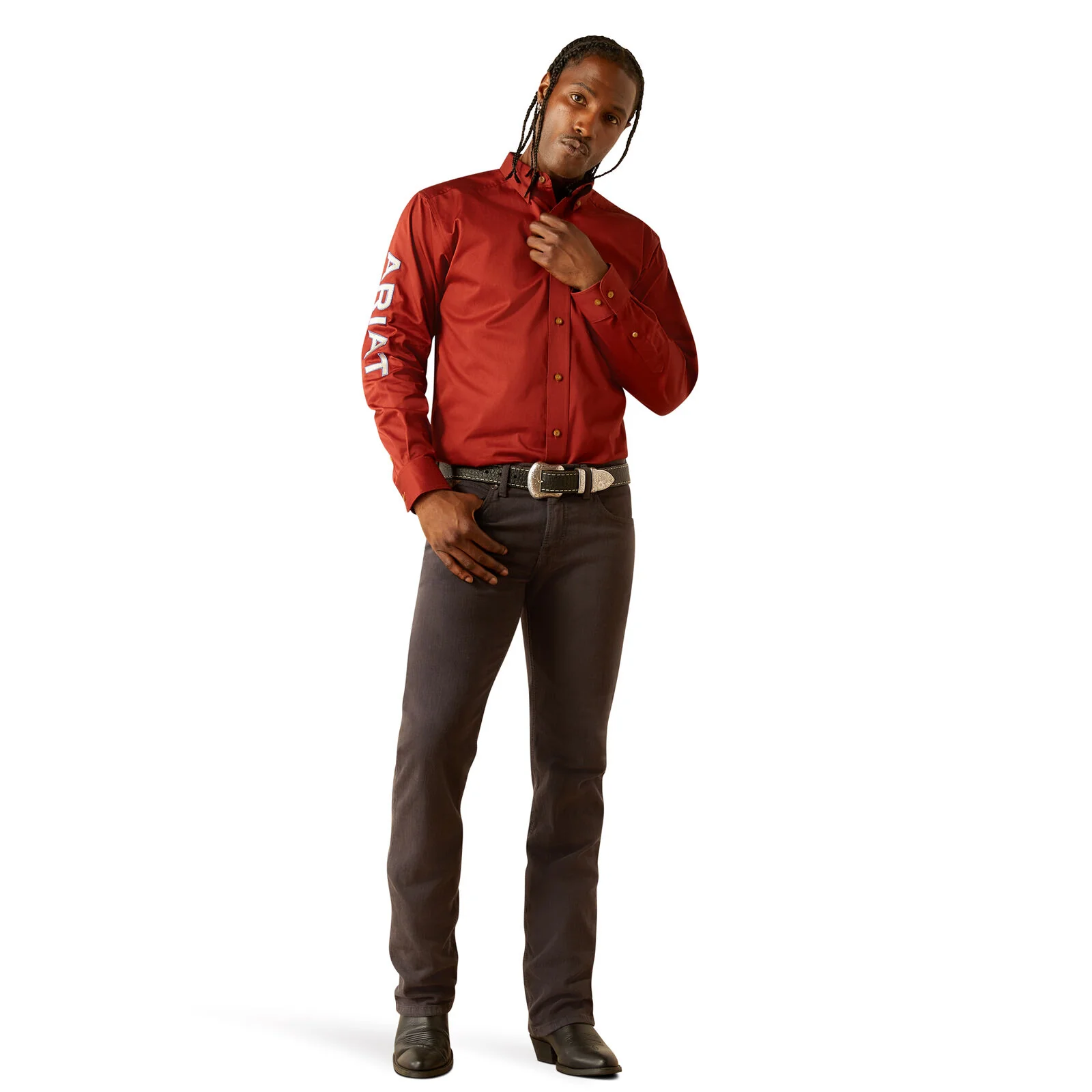 Ariat Mens Team Logo Twill Classic Fit L/S Shirt (10055288) Dark Red/Khaki - Image 6