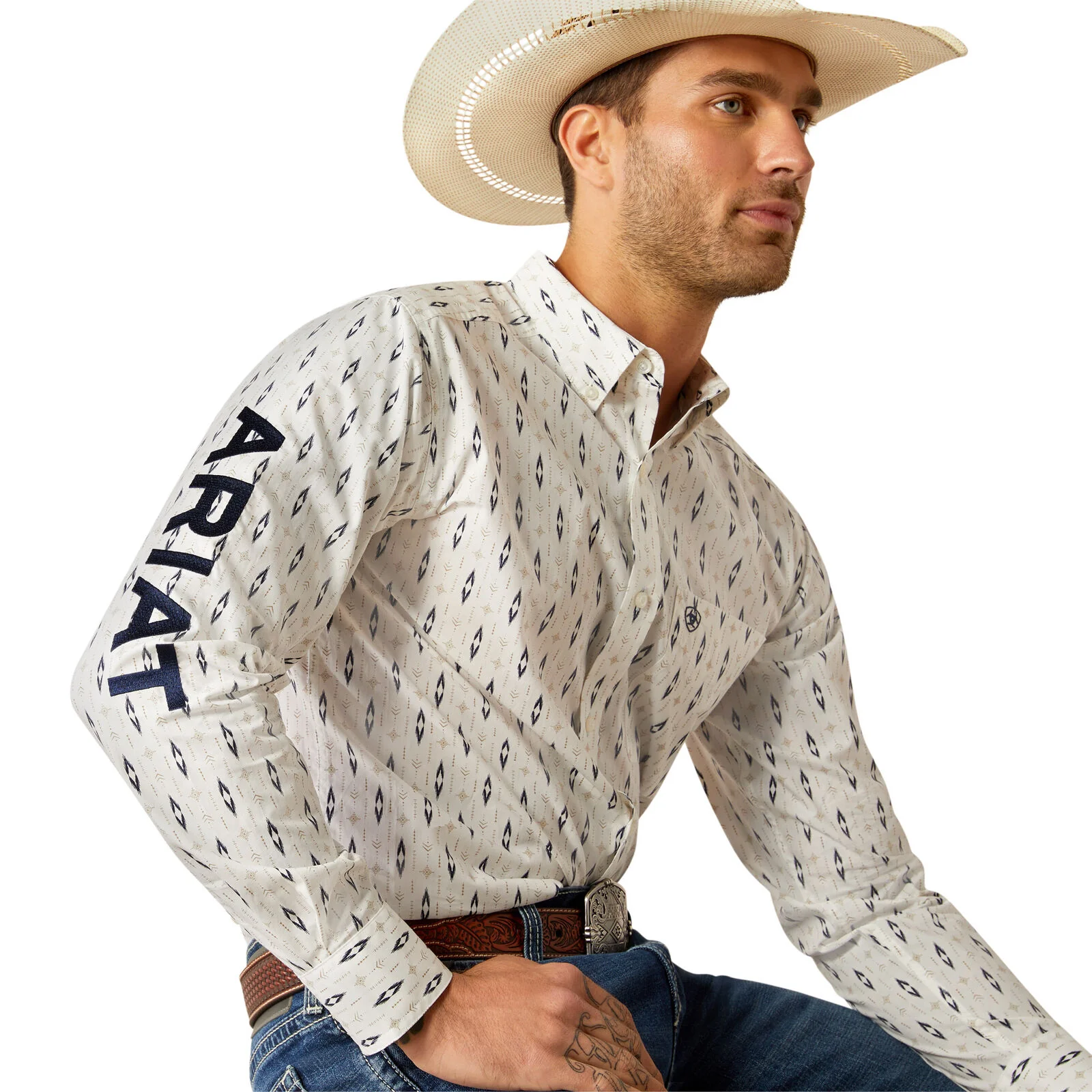 Ariat Mens Team Perkins Fitted L/S Shirt (10054728) White/Navy - Image 4