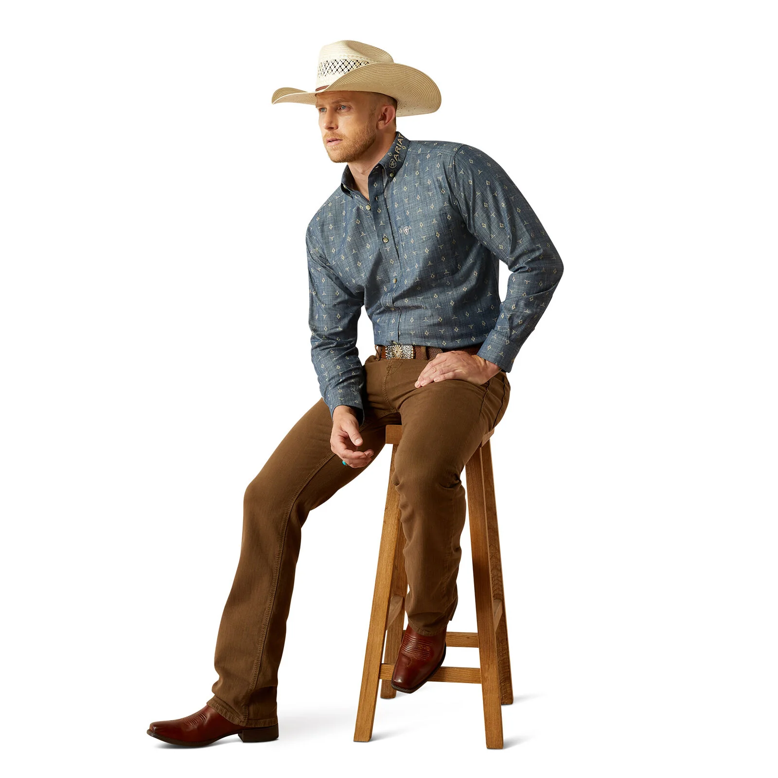 Ariat Mens Team Philibert Classic Fit L/S Shirt (10054732) Chambray Blue/Khaki - Image 6