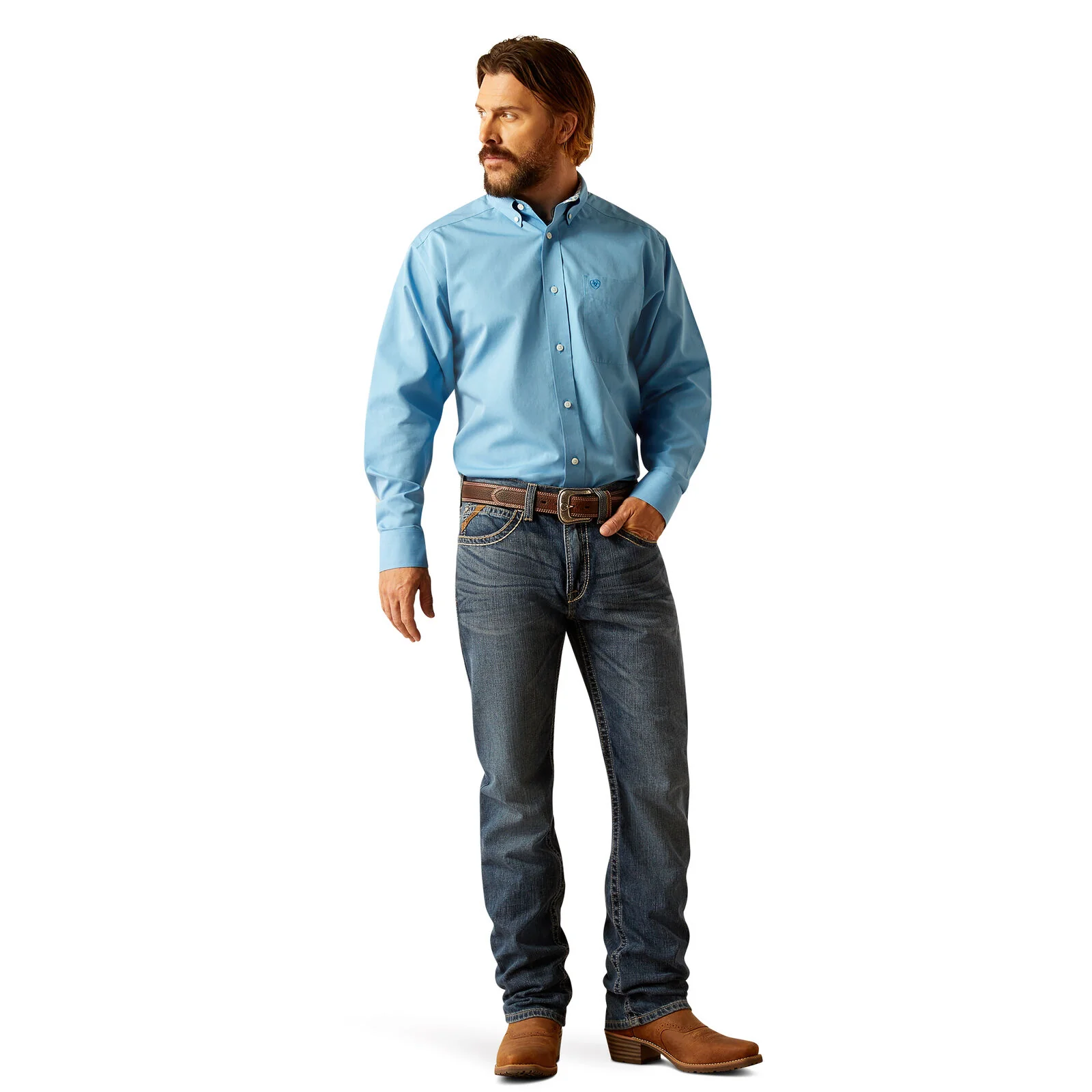 Ariat Mens Wrinkle Free Solid Classic Fit L/S Shirt (10055278) Blue - Image 5