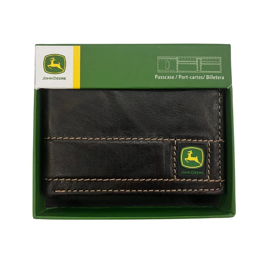 John Deere Mens Trademark Logo Antique Leather Stitched Bi-Fold Wallet (4090000-200) Brown - Image 2