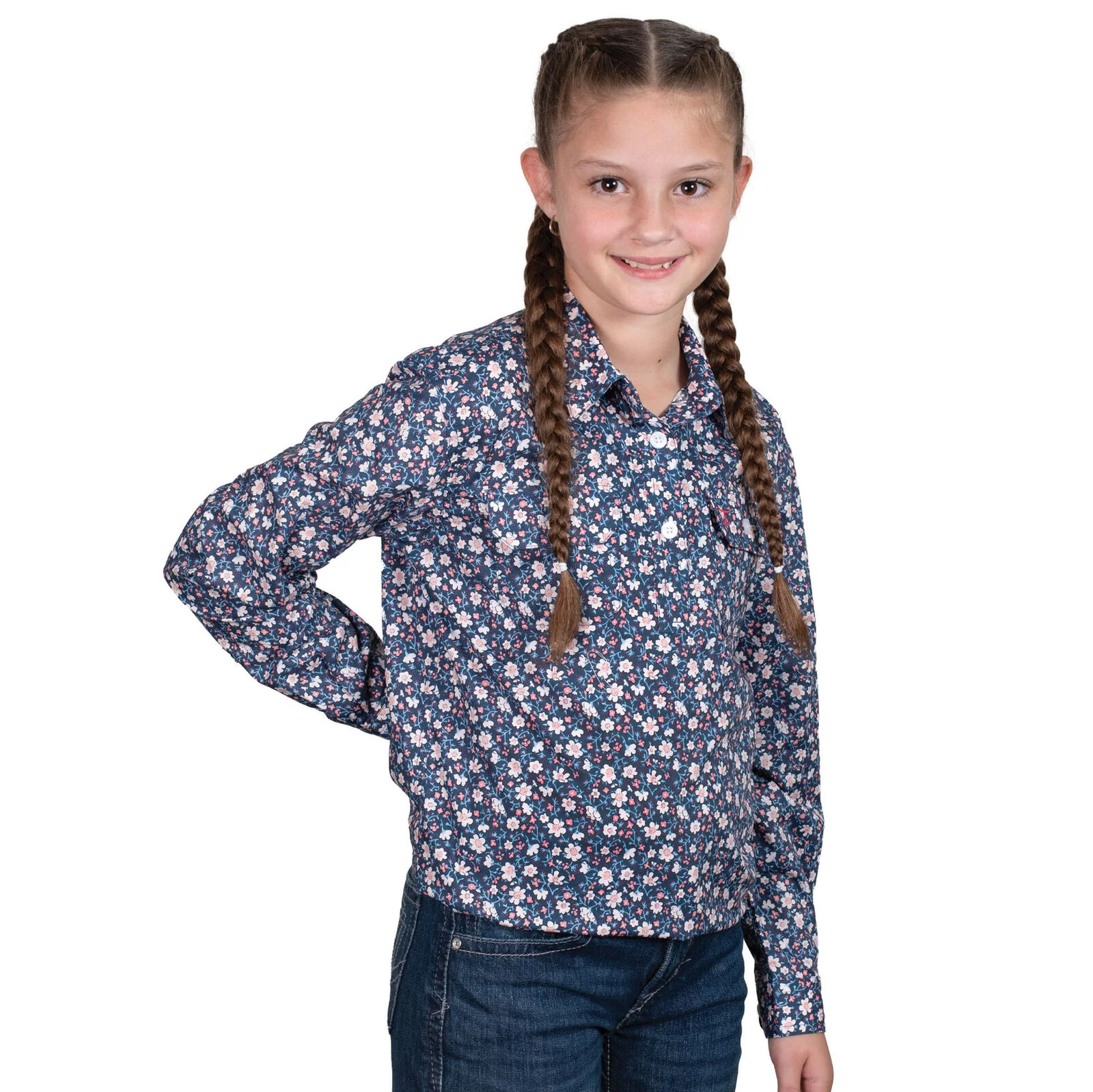 Just Country Girls Harper Half Button L/S Print Shirt (GWLS2565) Navy Daisy
