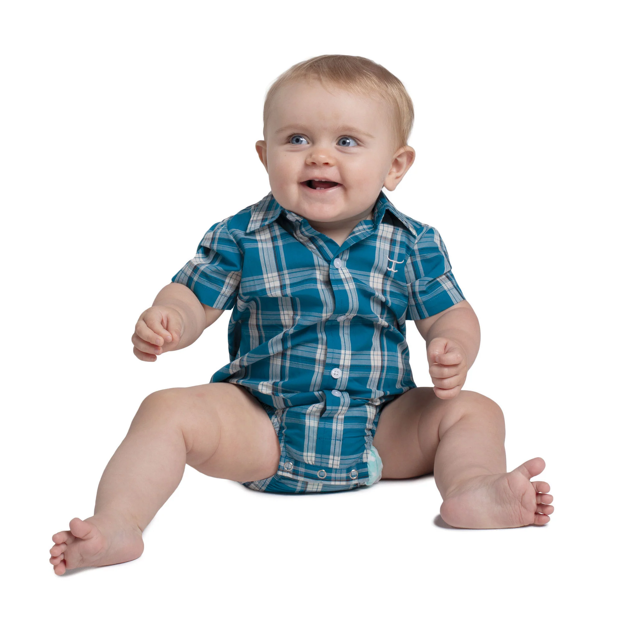 Just Country Infants Frankie Full Button S/S Jumpsuit (IWSS2627) Petrol Plaid