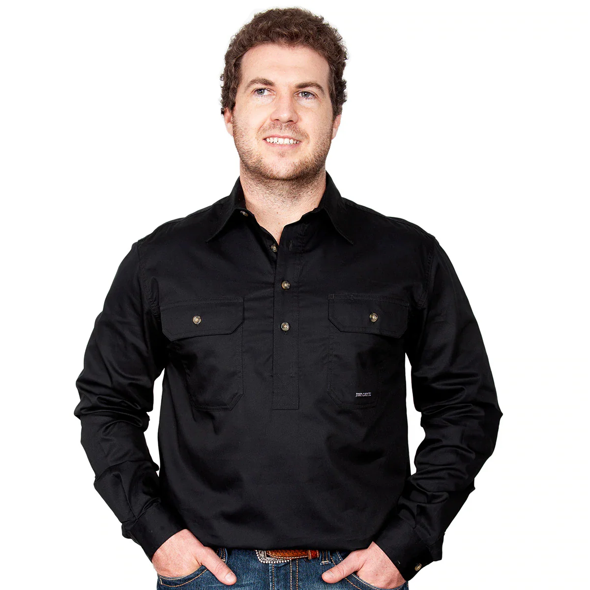 Just Country Mens Cameron Half Button Work Shirt (10101) Black - Image 6