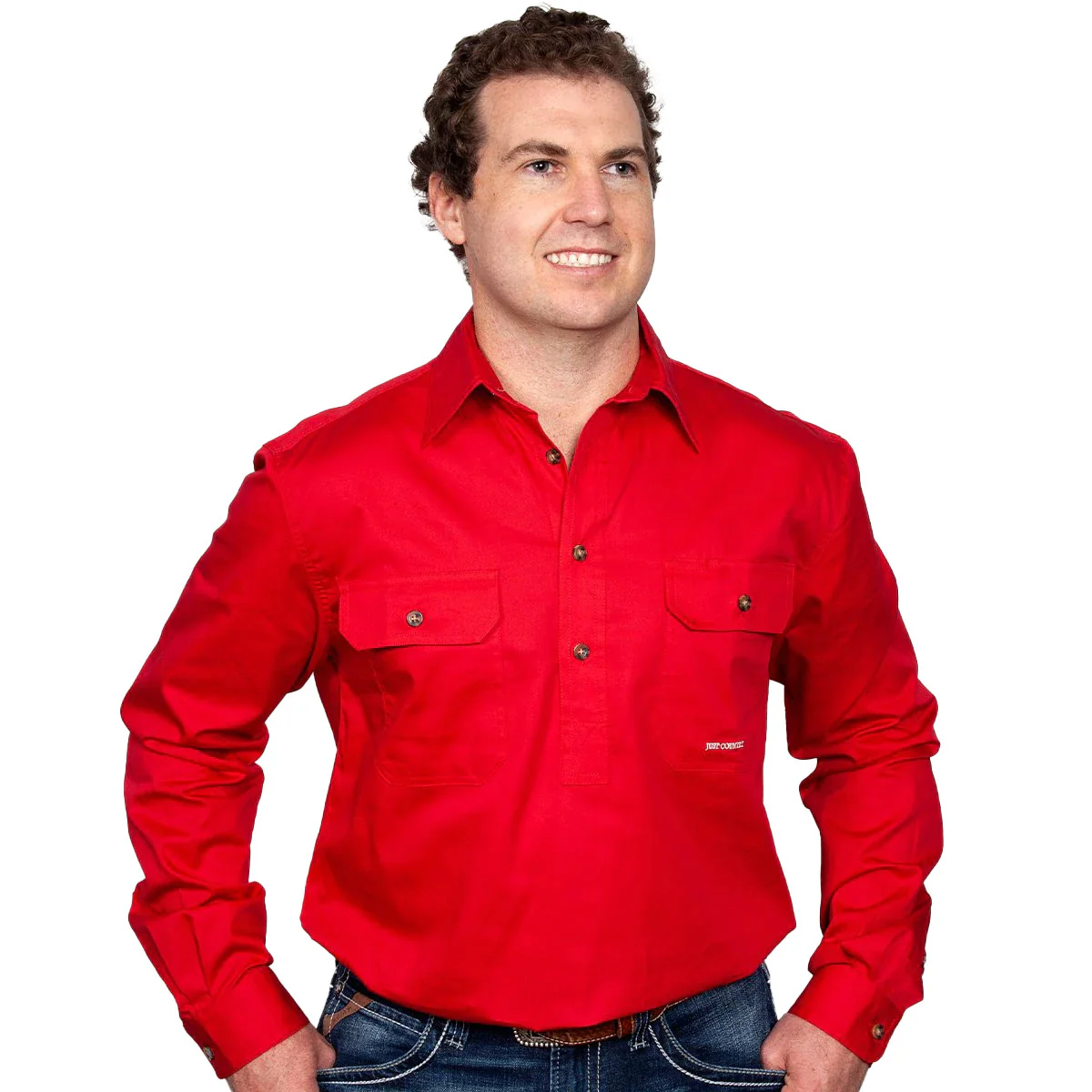 Just Country Mens Cameron Half Button Work Shirt (10101) Chilli - Image 4