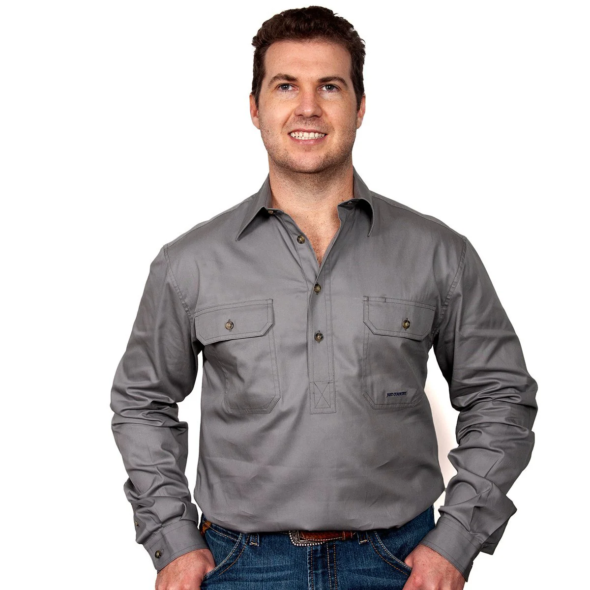 Just Country Mens Cameron Half Button Work Shirt (10101) Steel Grey - Image 6