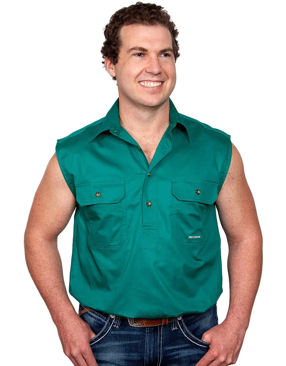 Just Country Mens Jack Sleeveless Half Button Work Shirt (10103) Dark Green - Image 6