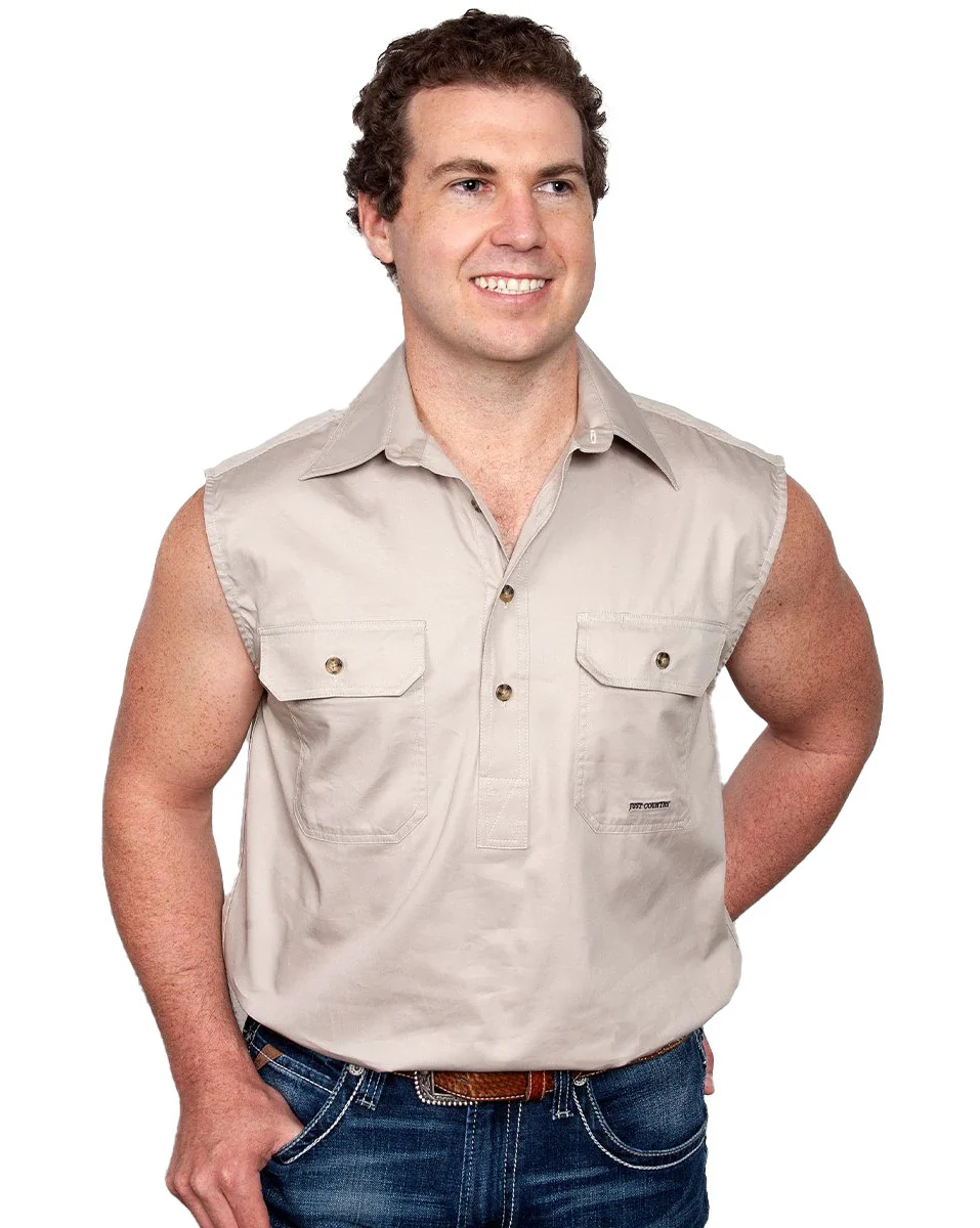Just Country Mens Jack Sleeveless Half Button Work Shirt (10103) Stone