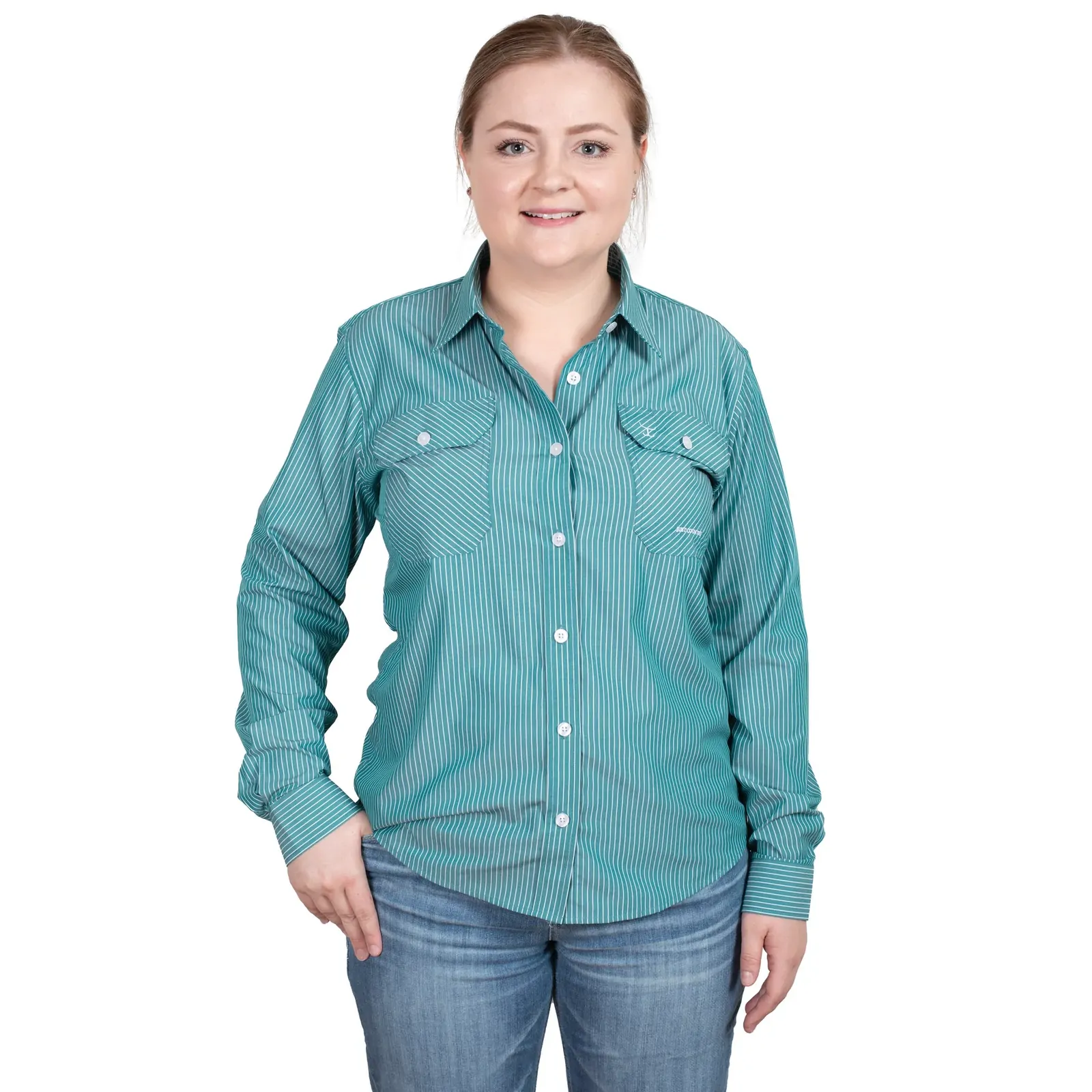Just Country Womens Brooke Bamboo Blend Full Button L/S Work Shirt (WBLS2407) Green/White Stripe