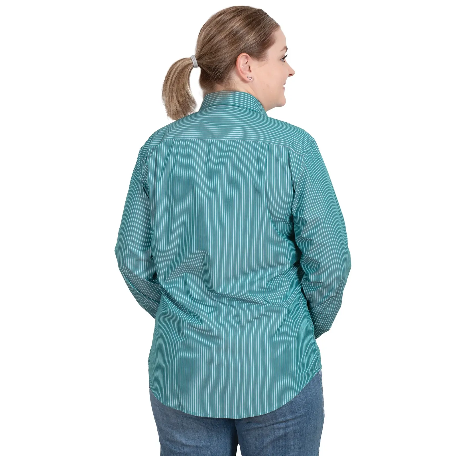 Just Country Womens Brooke Bamboo Blend Full Button L/S Work Shirt (WBLS2407) Green/White Stripe - Image 2