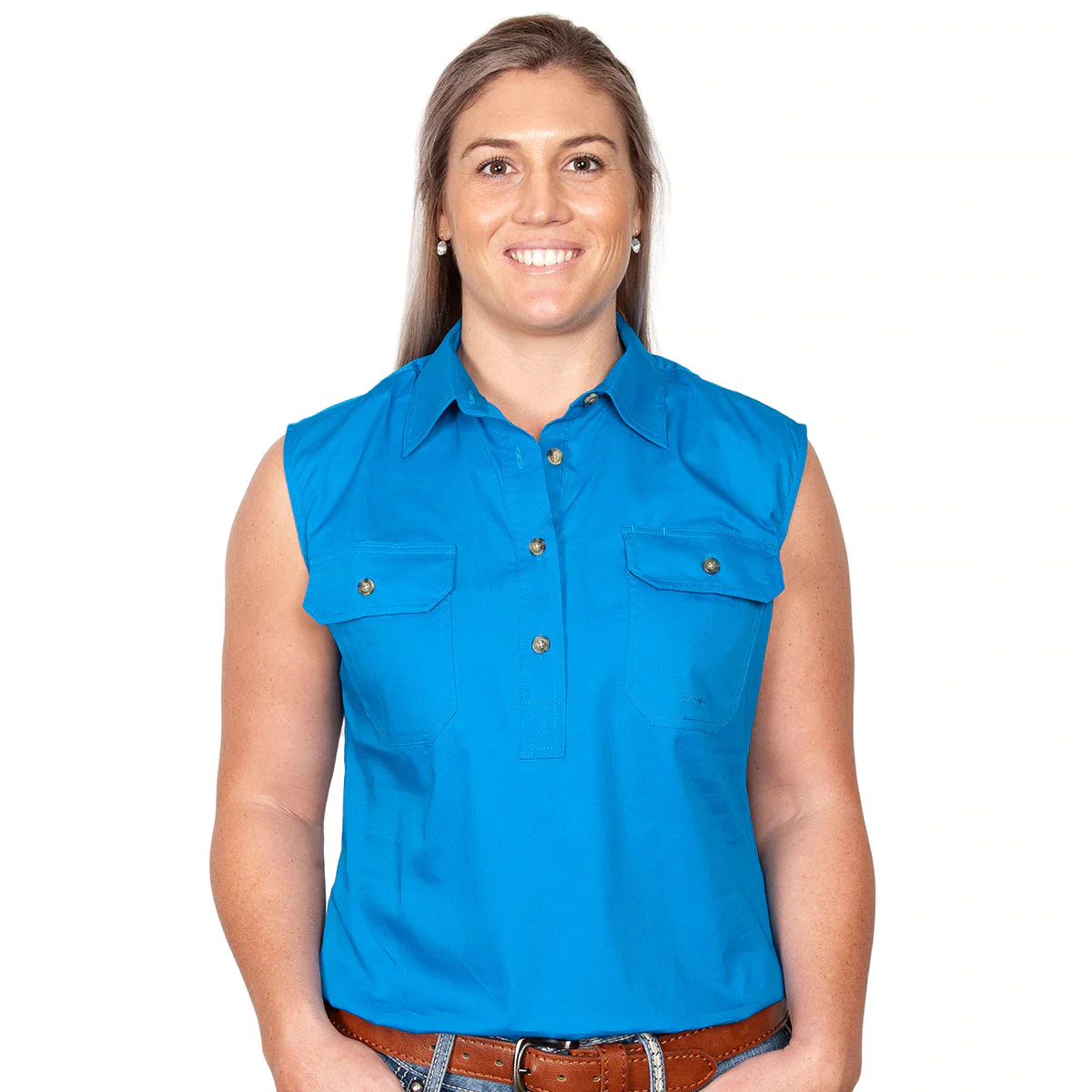 Just Country Womens Kerry Sleeveless Half Button Work Shirt (50503) Blue Jewel - Image 4