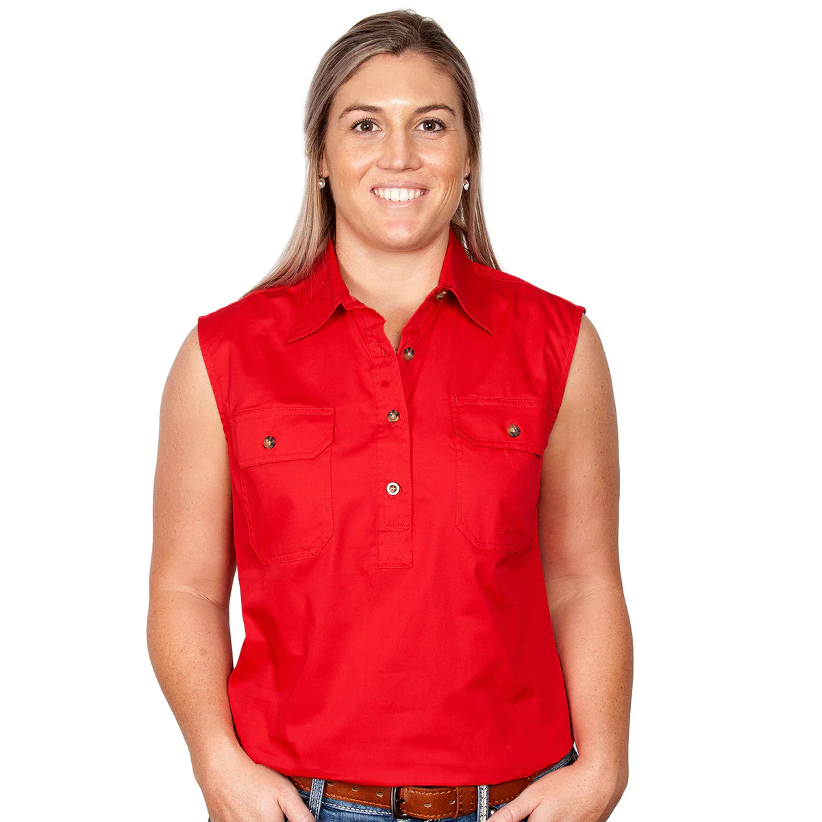 Just Country Womens Kerry Sleeveless Half Button Work Shirt (50503) Chilli - Image 9
