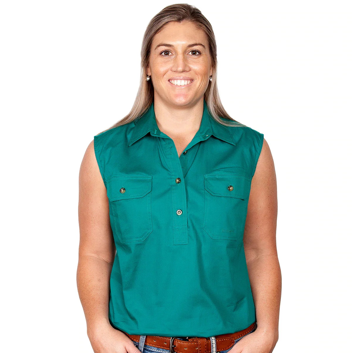Just Country Womens Kerry Sleeveless Half Button Work Shirt (50503) Dark Green - Image 4
