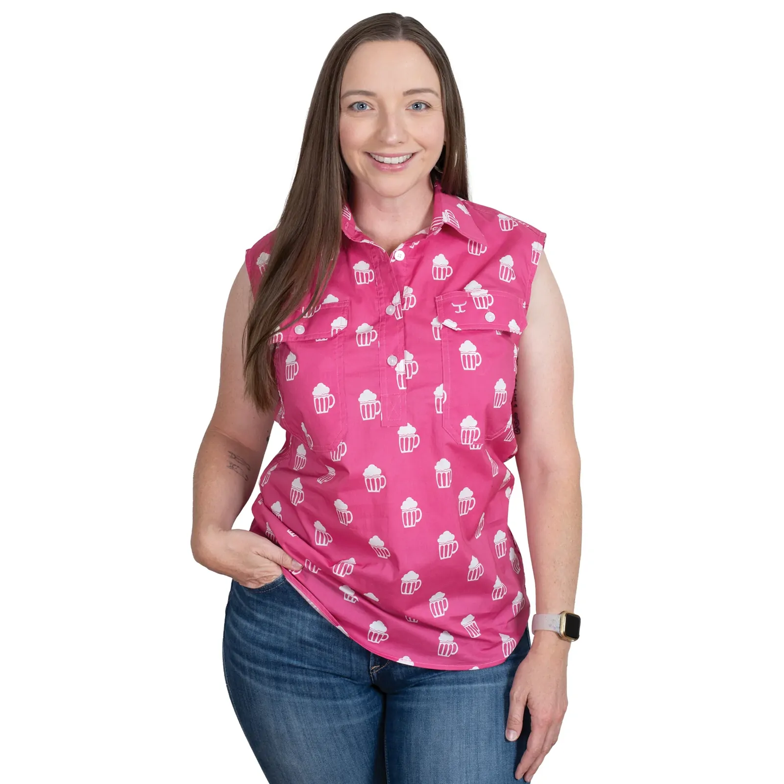 Just Country Womens Lilly Half Button Sleeveless Print Shirt (WWNSR253) Rose Brew