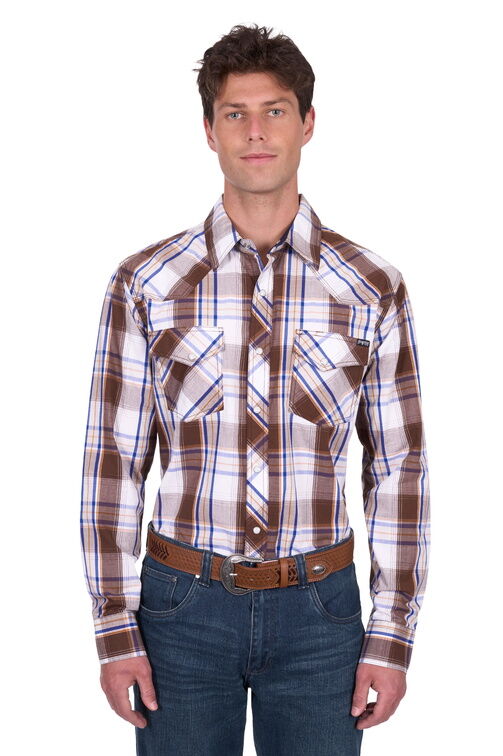 Pure Western Mens George L/S Shirt (P5S1100073) Dark Tan/Blue - Image 2