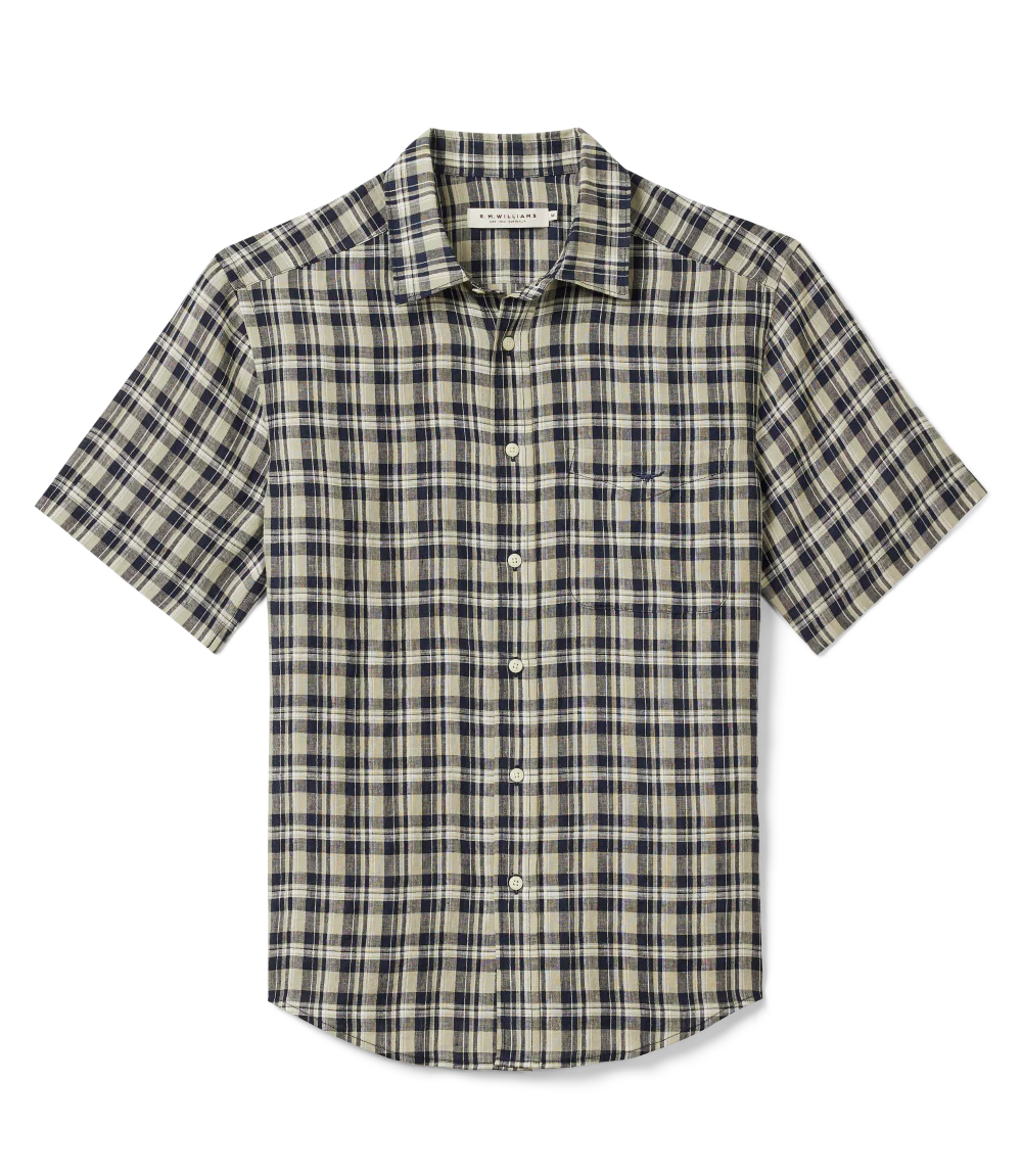 R.M.Williams Mens Toby Linen S/S Shirt (SHU11LL01) Navy/Sage/White - Image 3