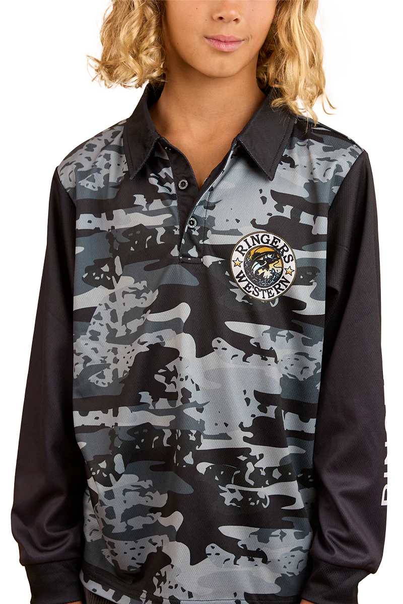 Ringers Western Childrens Big Catch L/S Fishing Jersey (324018RW) Black Camo - Image 4