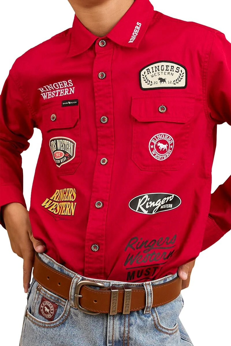 Ringers Western Childrens Chute Boss L/S Shirt (324036RW) Dark Red - Image 5
