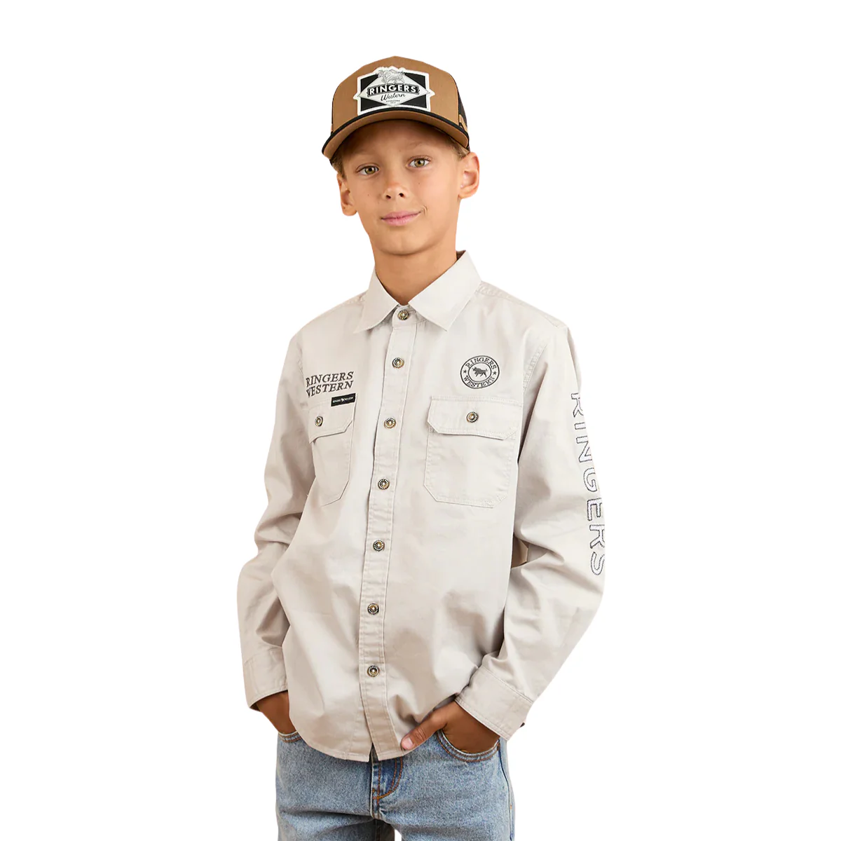 Ringers Western Childrens Jackaroo Full Button L/S Work Shirt (321012RW) Beige