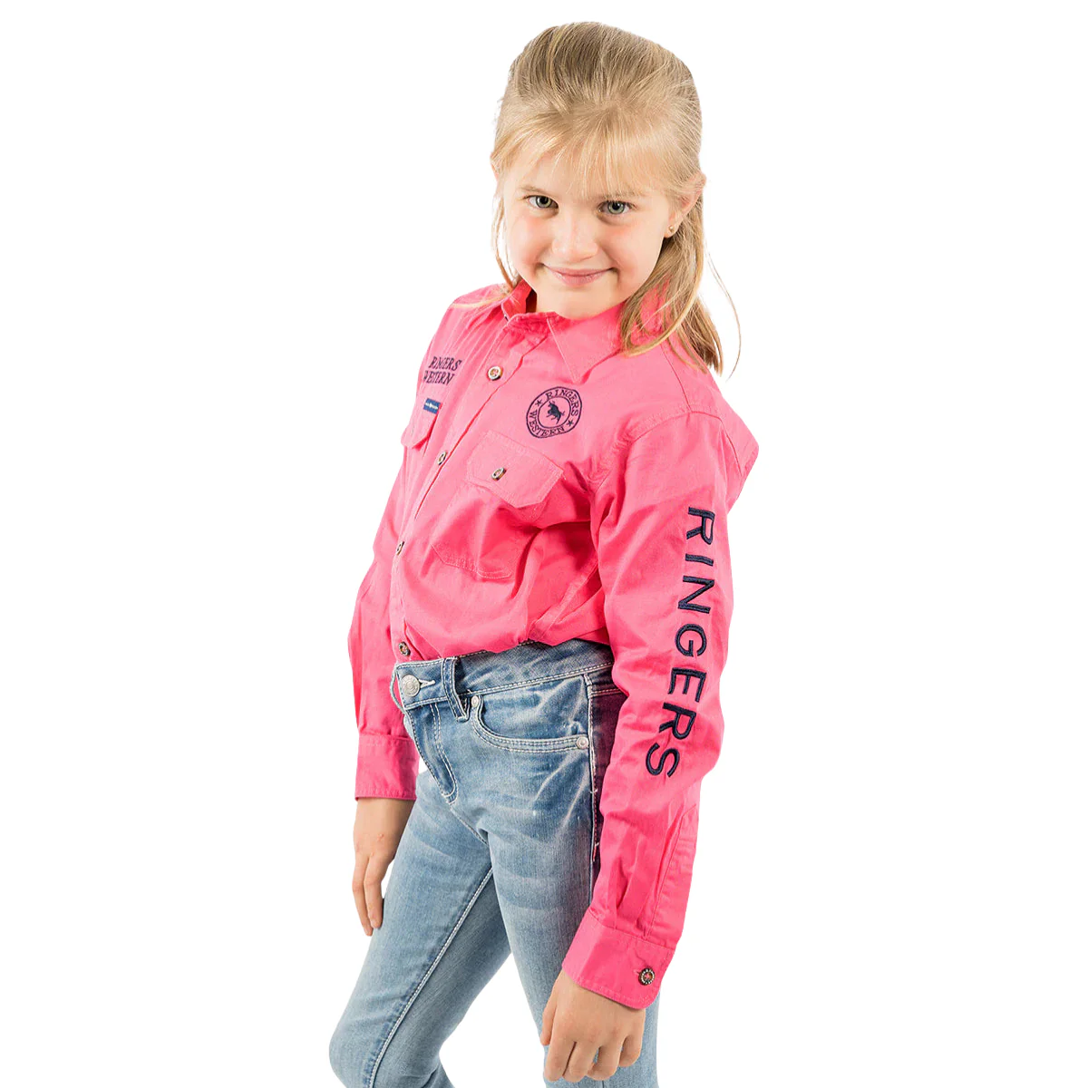Ringers Western Childrens Jackaroo Full Button L/S Work Shirt (321012RW) Melon/Navy Embroidery - Image 3