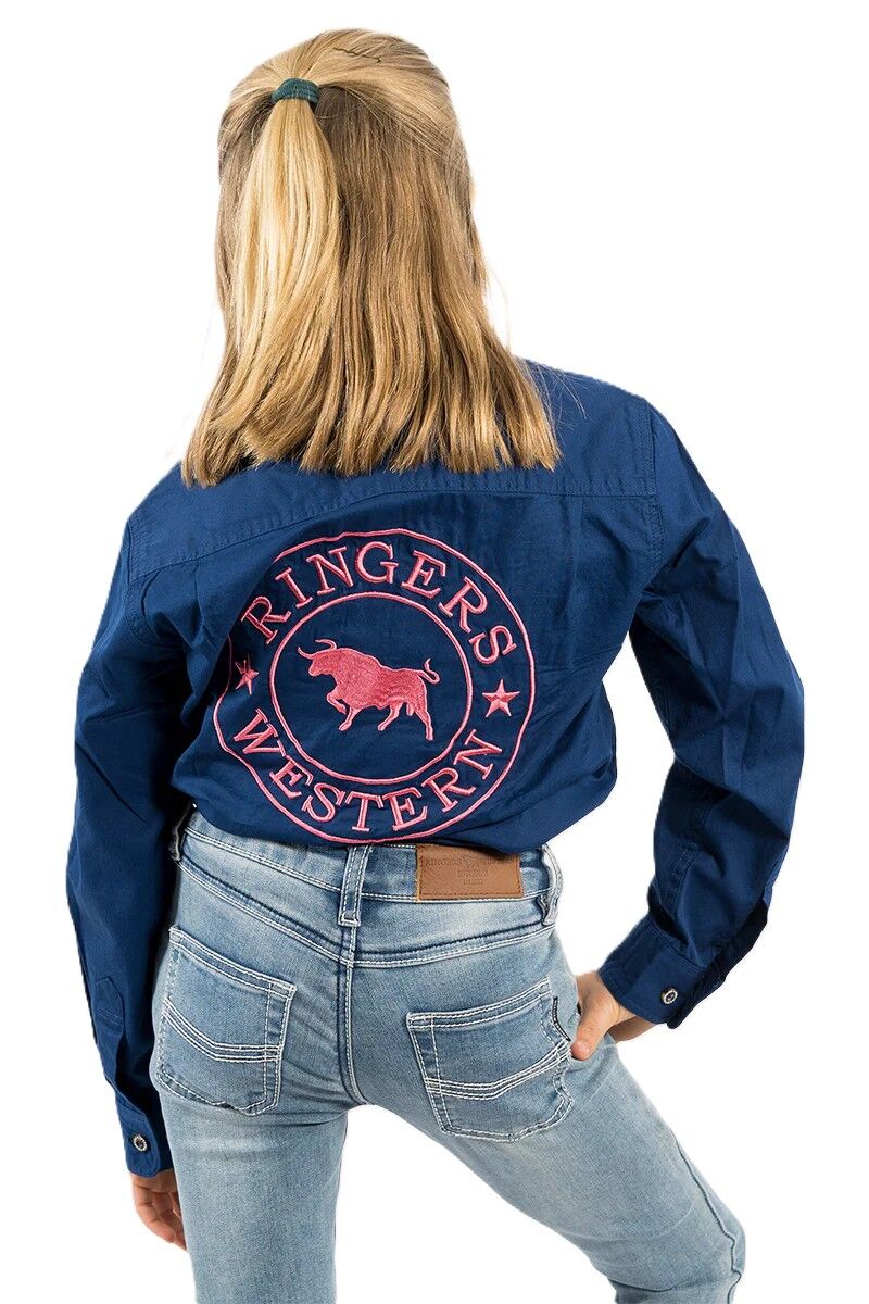 Ringers Western Childrens Jackaroo Full Button L/S Workshirt (321012RW) Navy/Melon Embroidery - Image 3