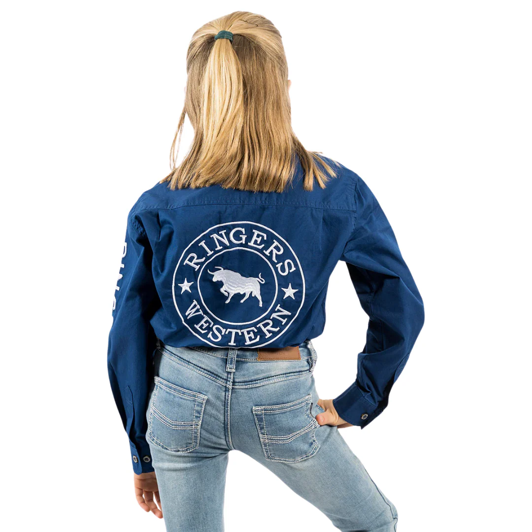 Ringers Western Childrens Jackaroo Full Button L/S Workshirt (321012RW) Navy/White Embroidery - Image 2