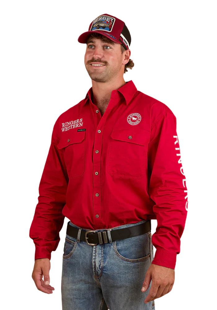 Ringers Western Mens Hawkeye Full Button Embroidered Work Shirt (118110002) Red - Image 3