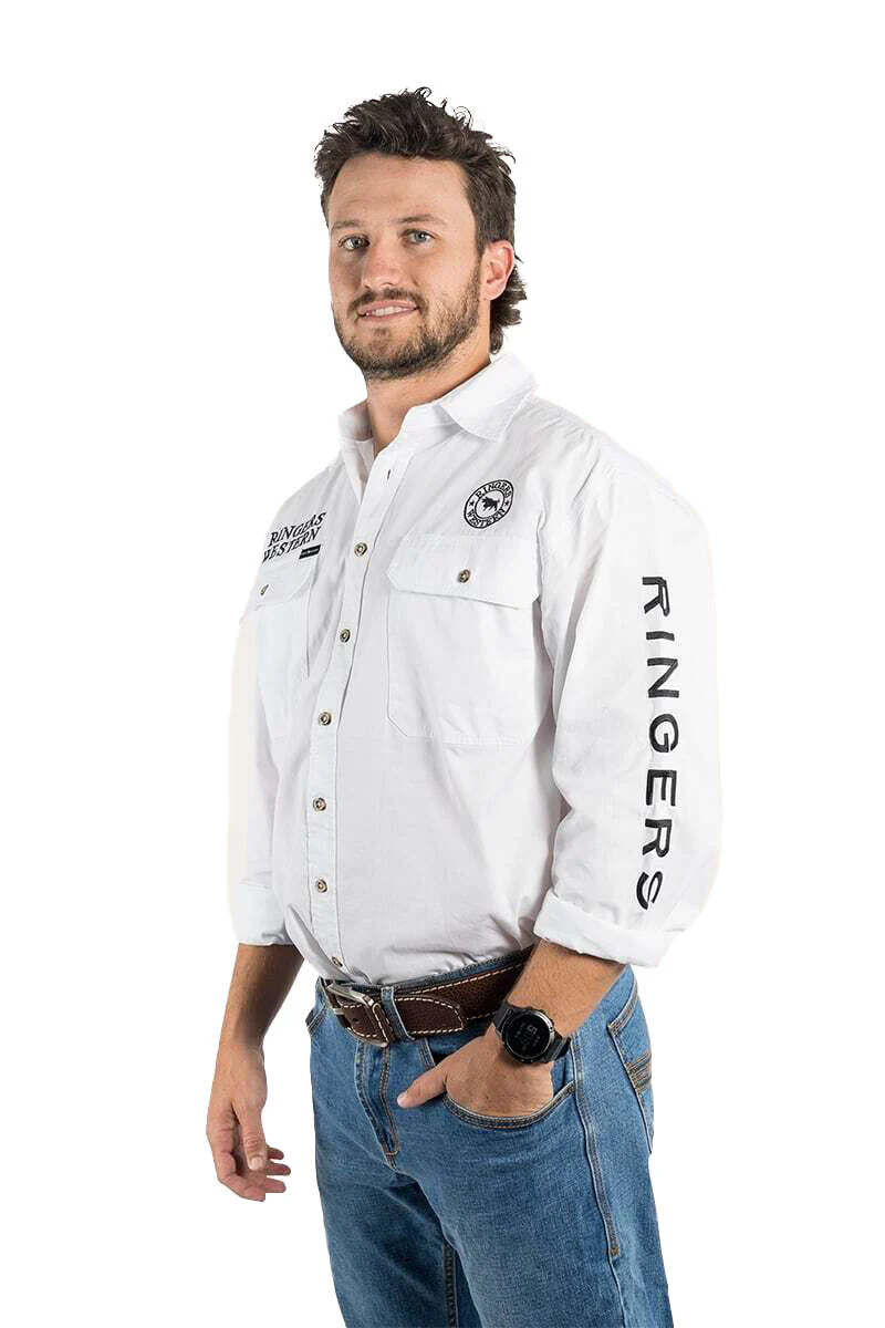 Ringers Western Mens Hawkeye Full Button Work Shirt (118110002) White with Black Embroidery - Image 3
