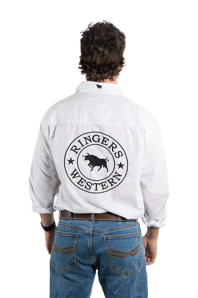 Ringers Western Mens Hawkeye Full Button Work Shirt (118110002) White with Black Embroidery - Image 4