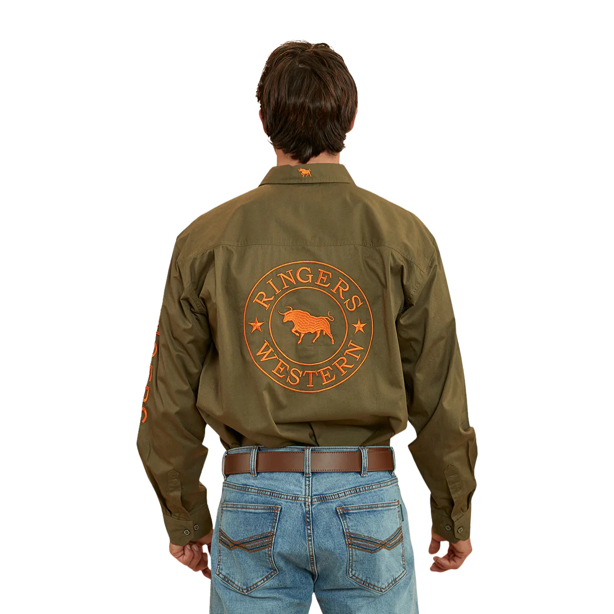 Ringers Western Mens Hawkeye Full Button L/S Work Shirt  (118110002) Military Green/Orange - Image 3