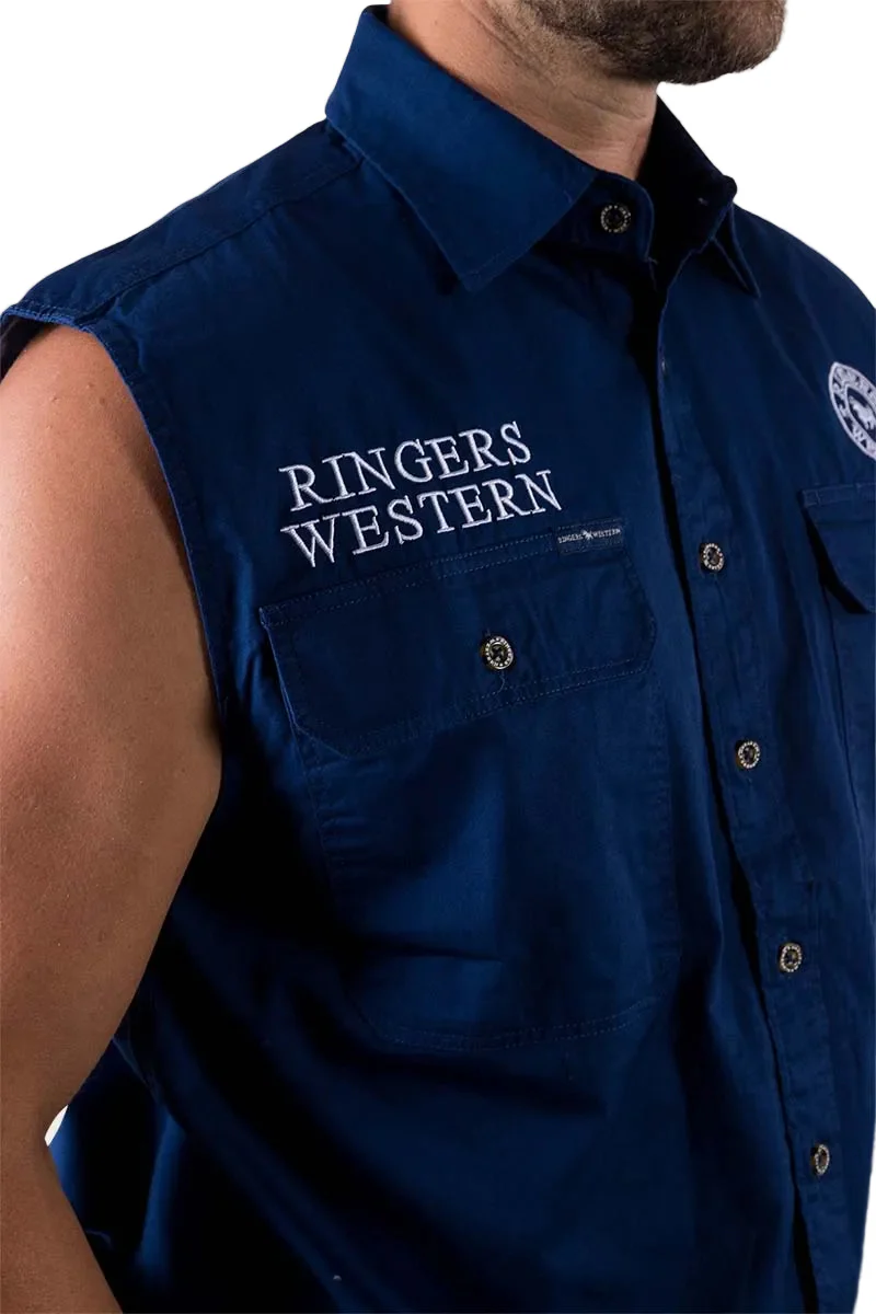 Ringers Western Mens Hawkeye Sleeveless Work Shirt (120210991) Navy with White Embroidery - Image 3