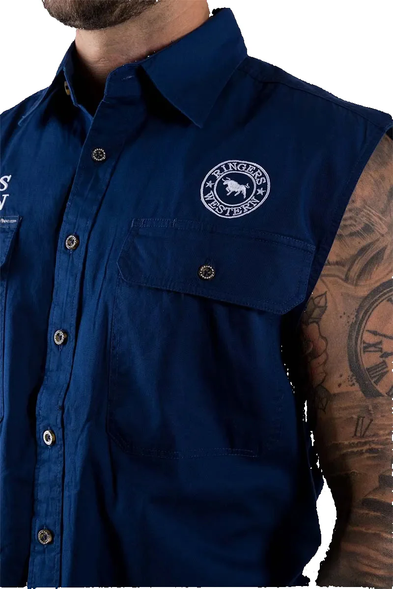 Ringers Western Mens Hawkeye Sleeveless Work Shirt (120210991) Navy with White Embroidery - Image 4