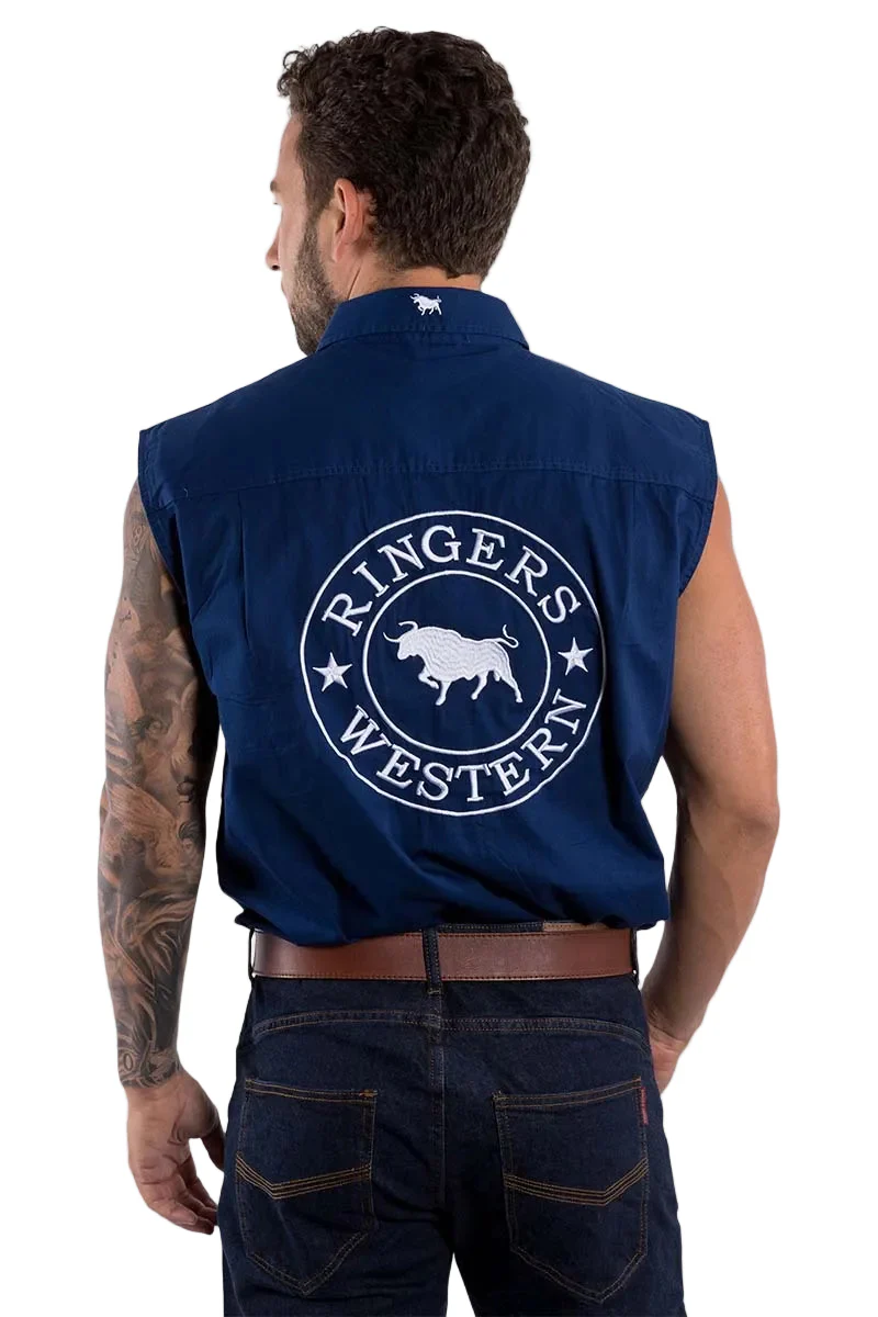 Ringers Western Mens Hawkeye Sleeveless Work Shirt (120210991) Navy with White Embroidery - Image 5