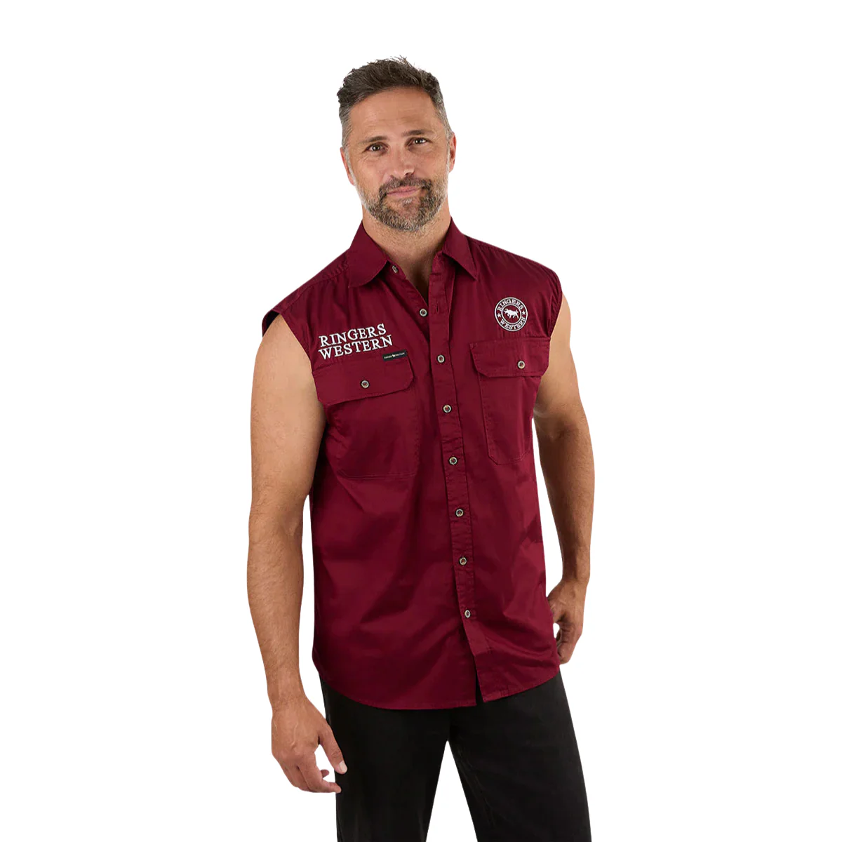 Ringers Western Mens Hawkeye Full Button Sleevless Work Shirt  (120210991) Burgundy/White Embroidery