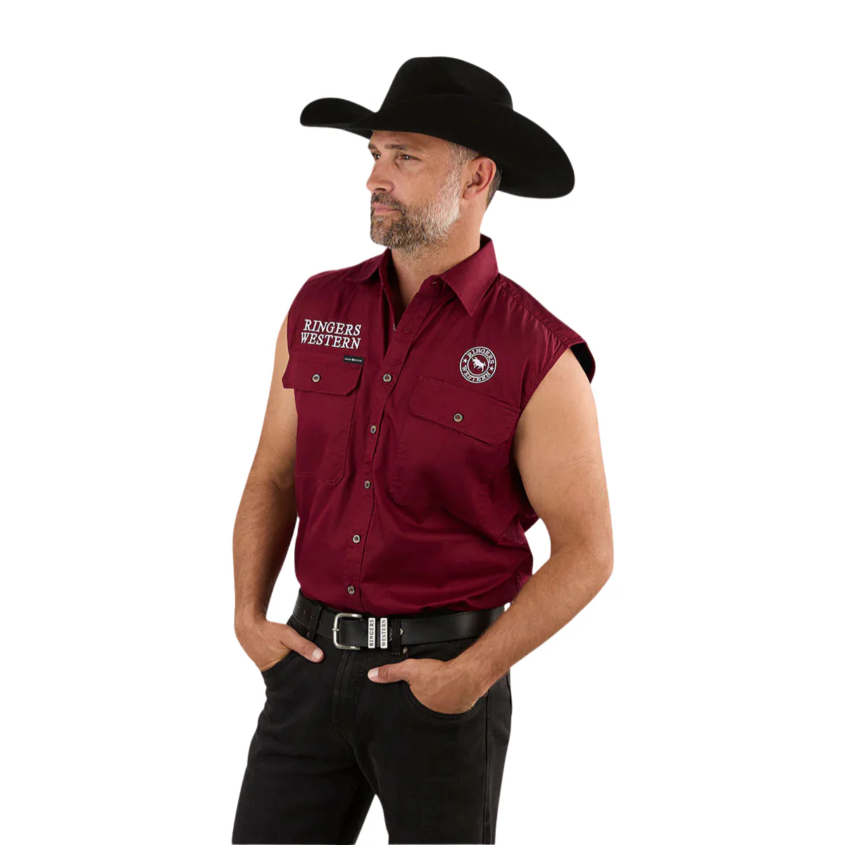 Ringers Western Mens Hawkeye Full Button Sleevless Work Shirt  (120210991) Burgundy/White Embroidery - Image 4