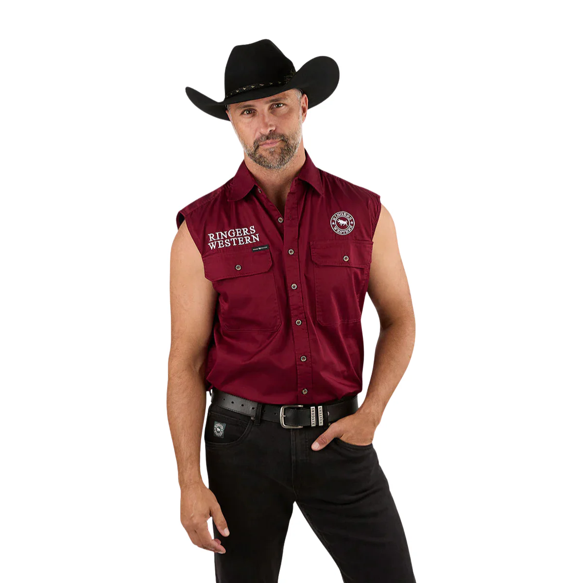 Ringers Western Mens Hawkeye Full Button Sleevless Work Shirt  (120210991) Burgundy/White Embroidery - Image 5