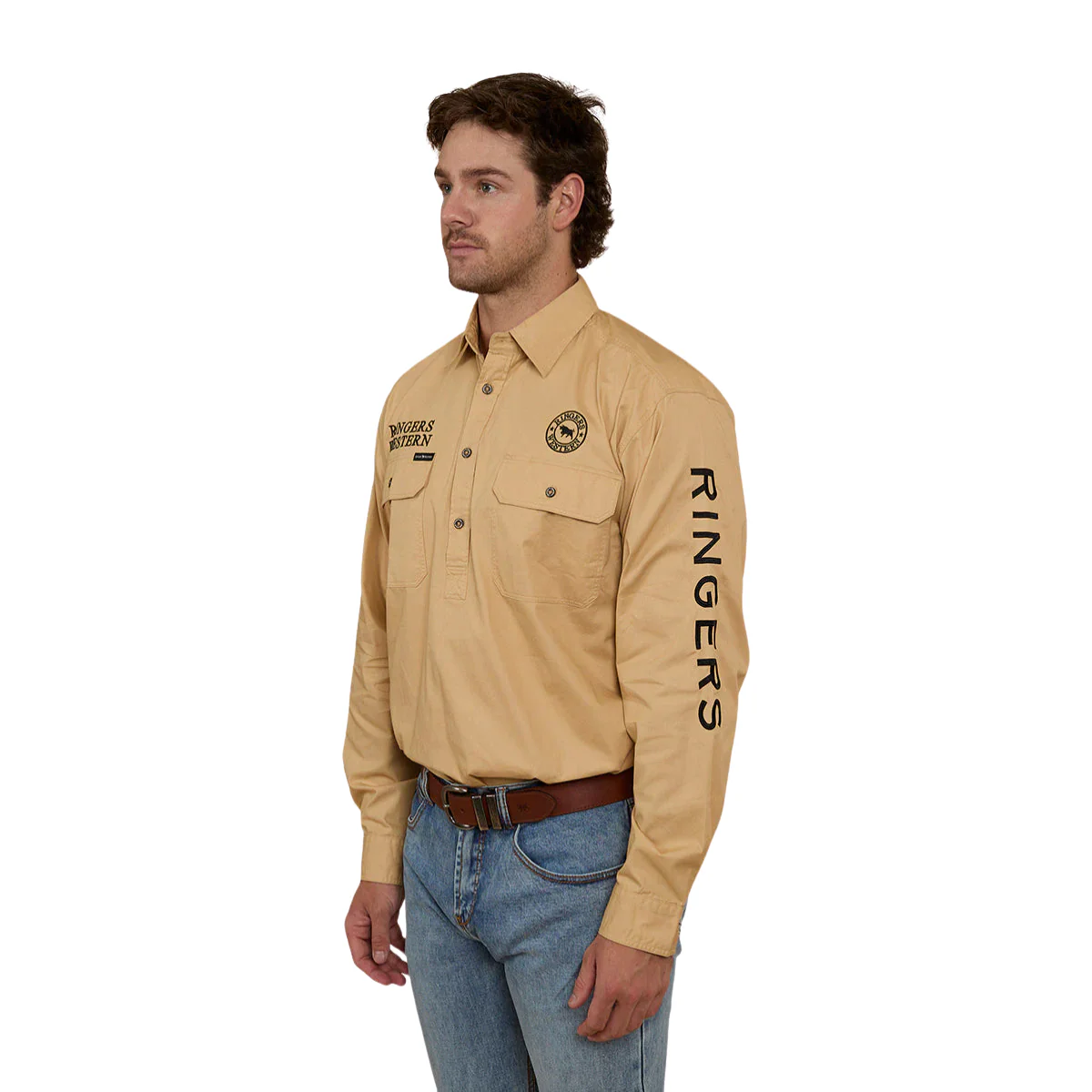 Ringers Western Mens Hawkeye Half Button L/S Work Shirt (123094RW) Dark Sand - Image 4