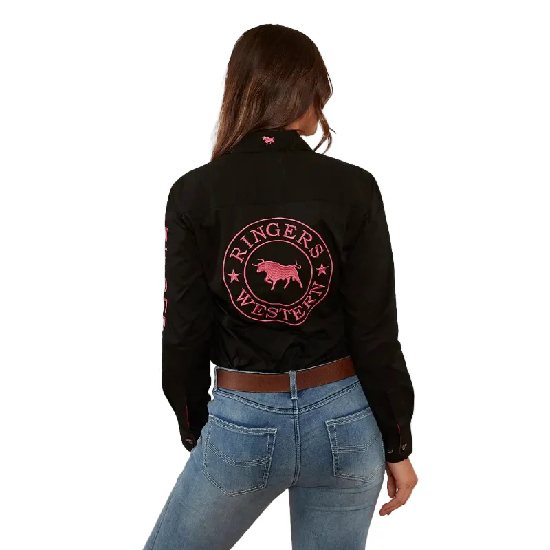 Ringers Western Womens Signature Jillaroo Full Button L/S Work Shirt (218110002) Black/Melon Embroidery - Image 3