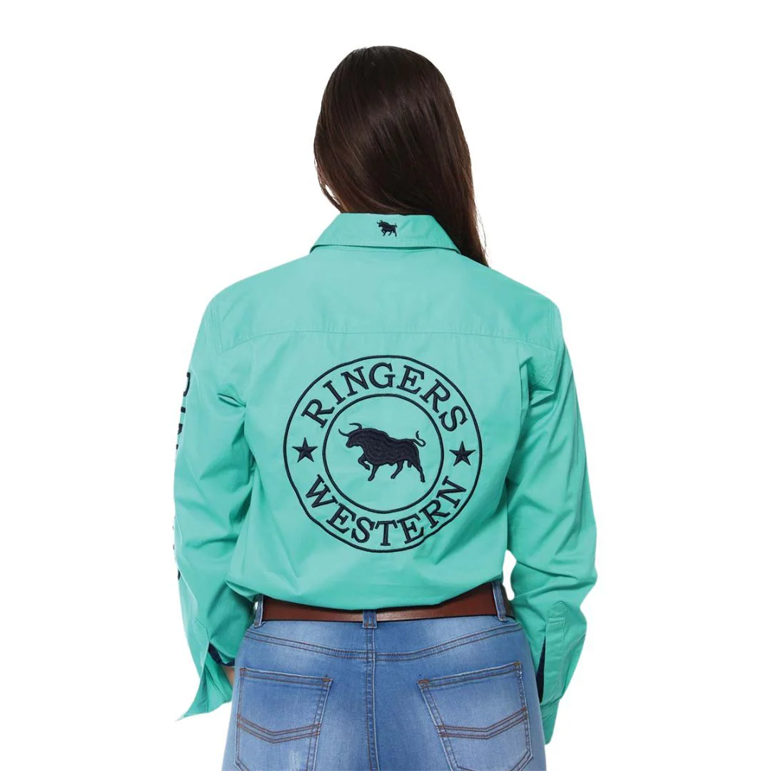 Ringers Western Womens Signature Jillaroo Full Button Work Shirt (218110002) Mint/Dark Navy Embroidery - Image 3
