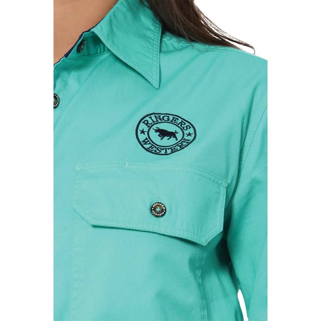 Ringers Western Womens Signature Jillaroo Full Button Work Shirt (218110002) Mint/Dark Navy Embroidery - Image 4