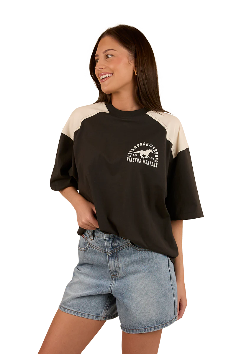 Ringers Western Womens Lets Horse Around Oversized S/S Tee (224070RW) Washed Black/Off White - Image 4