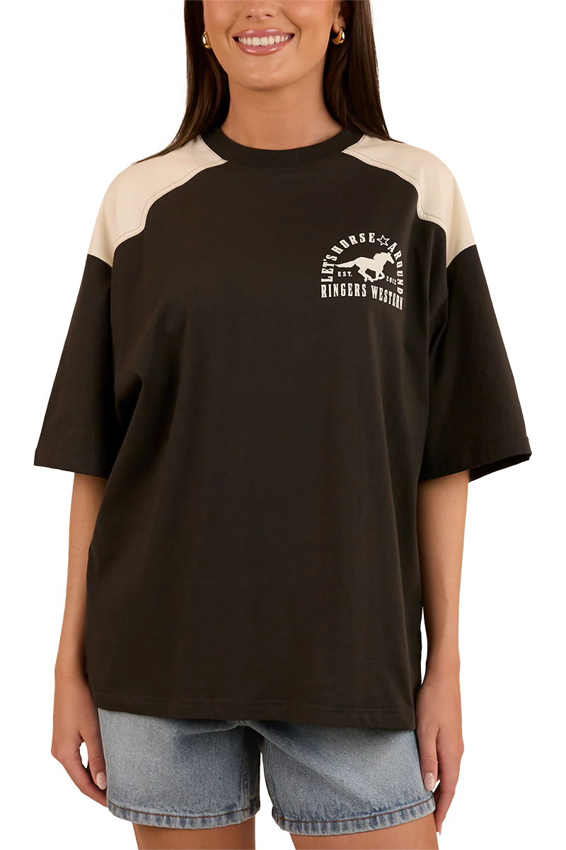 Ringers Western Womens Lets Horse Around Oversized S/S Tee (224070RW) Washed Black/Off White - Image 7