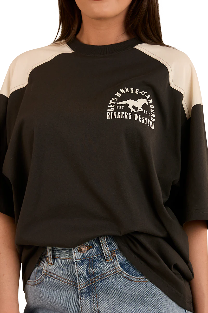 Ringers Western Womens Lets Horse Around Oversized S/S Tee (224070RW) Washed Black/Off White - Image 9