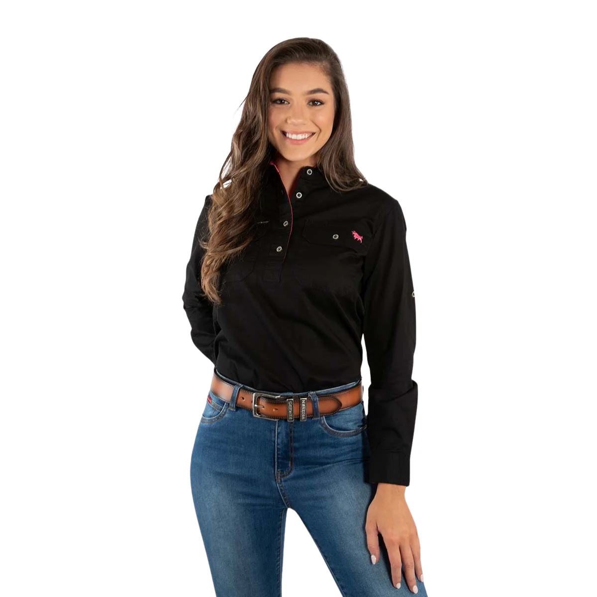 Ringers Western Womens Pentecost River Half Button L/S Work Shirt (171210002) Black/Melon - Image 4