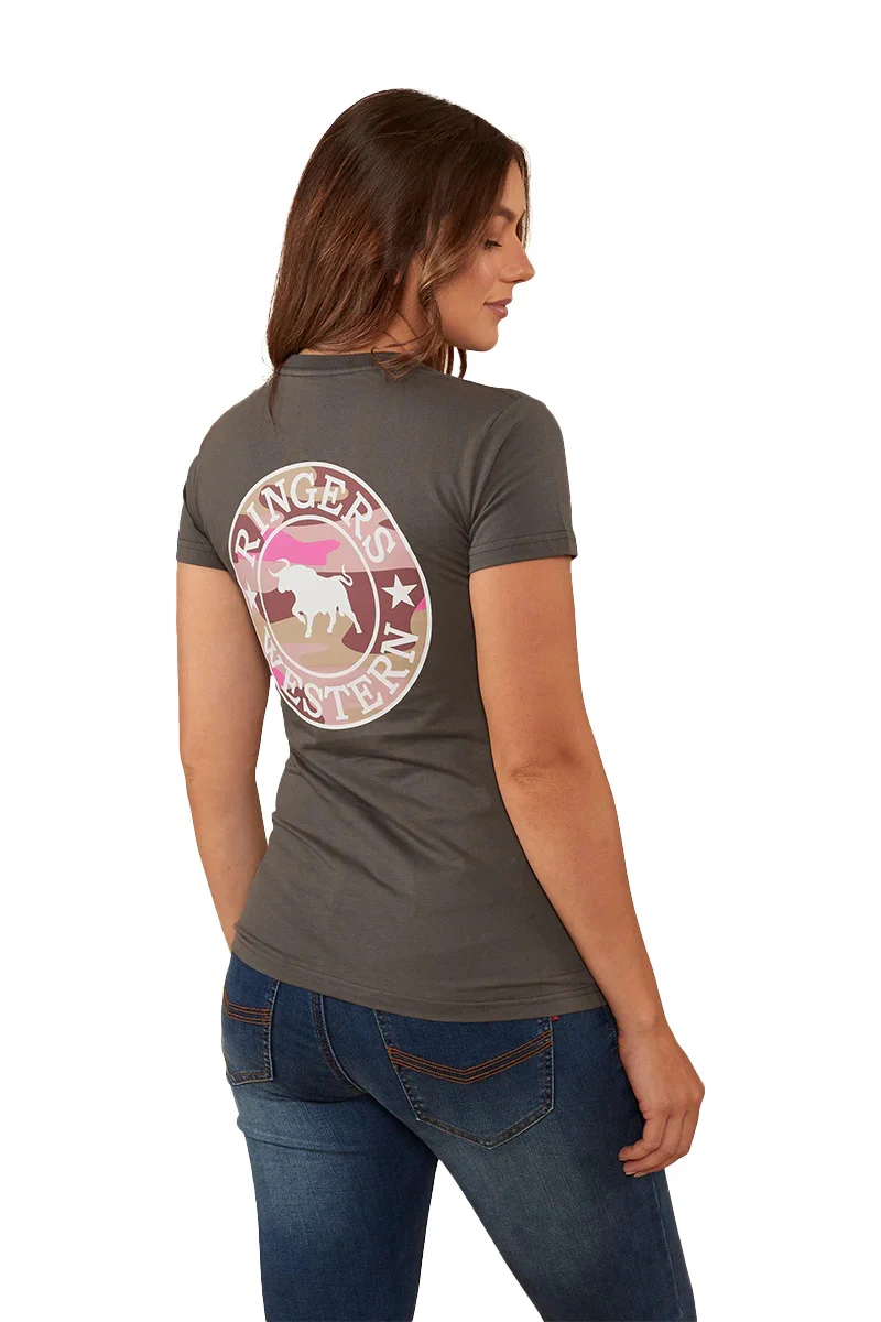 Ringers Western Womens Signature Bull Classic Fit Tee (220016RW) Vintage Black/Pink Camo - Image 4