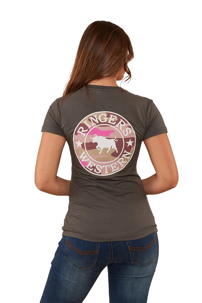 Ringers Western Womens Signature Bull Classic Fit Tee (220016RW) Vintage Black/Pink Camo - Image 5