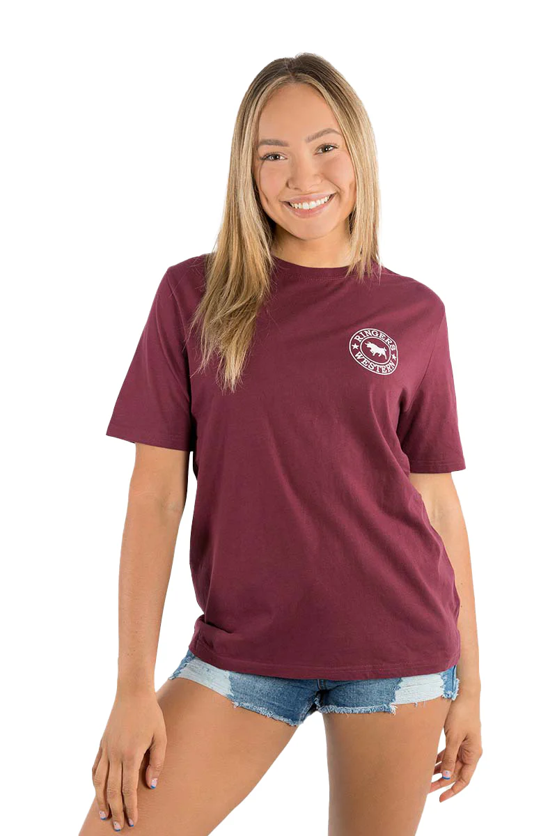 Ringers Western Womens Signature Bull Loose Fit S/S Tee (220018RW) Burgundy/White Print - Image 2